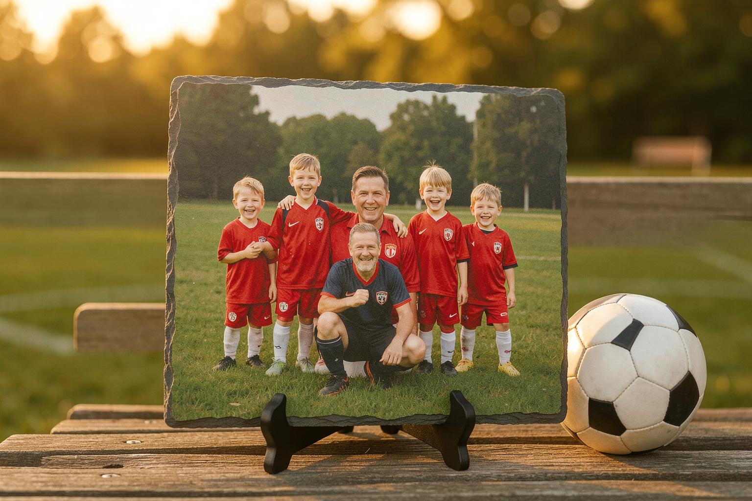 A youth soccer team in red jerseys with their coach kneeling in front, printed on a natural-edge slate beside a soccer ball