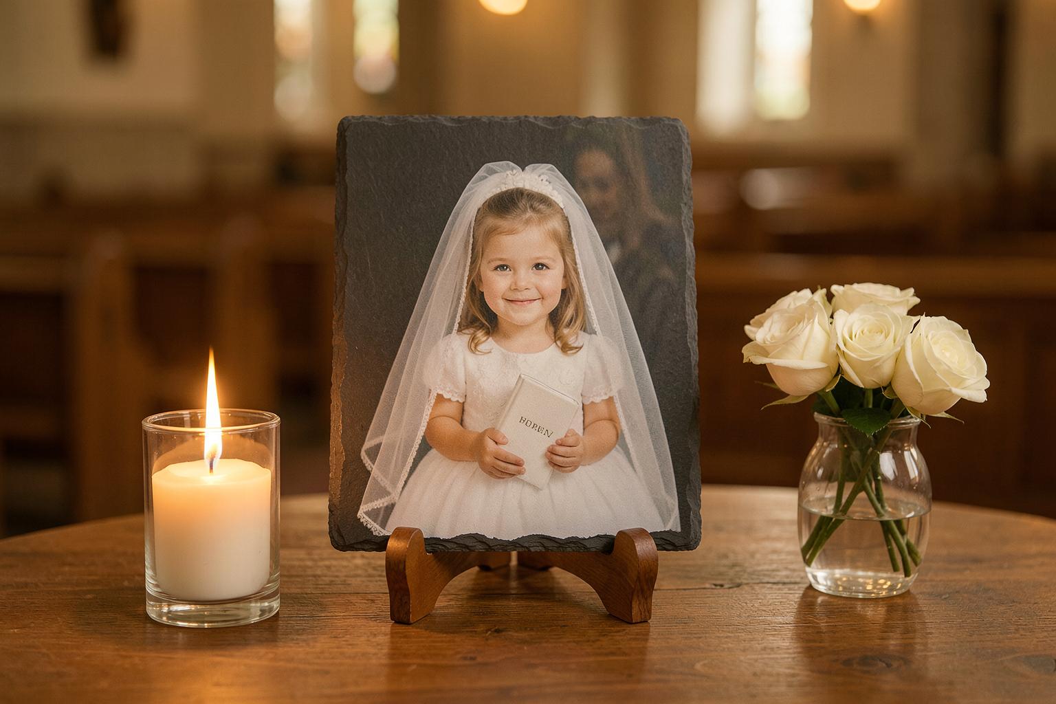 A young girl in a white first-communion dress and veil holding a small Bible, printed on a natural-edge slate beside a candle and white roses