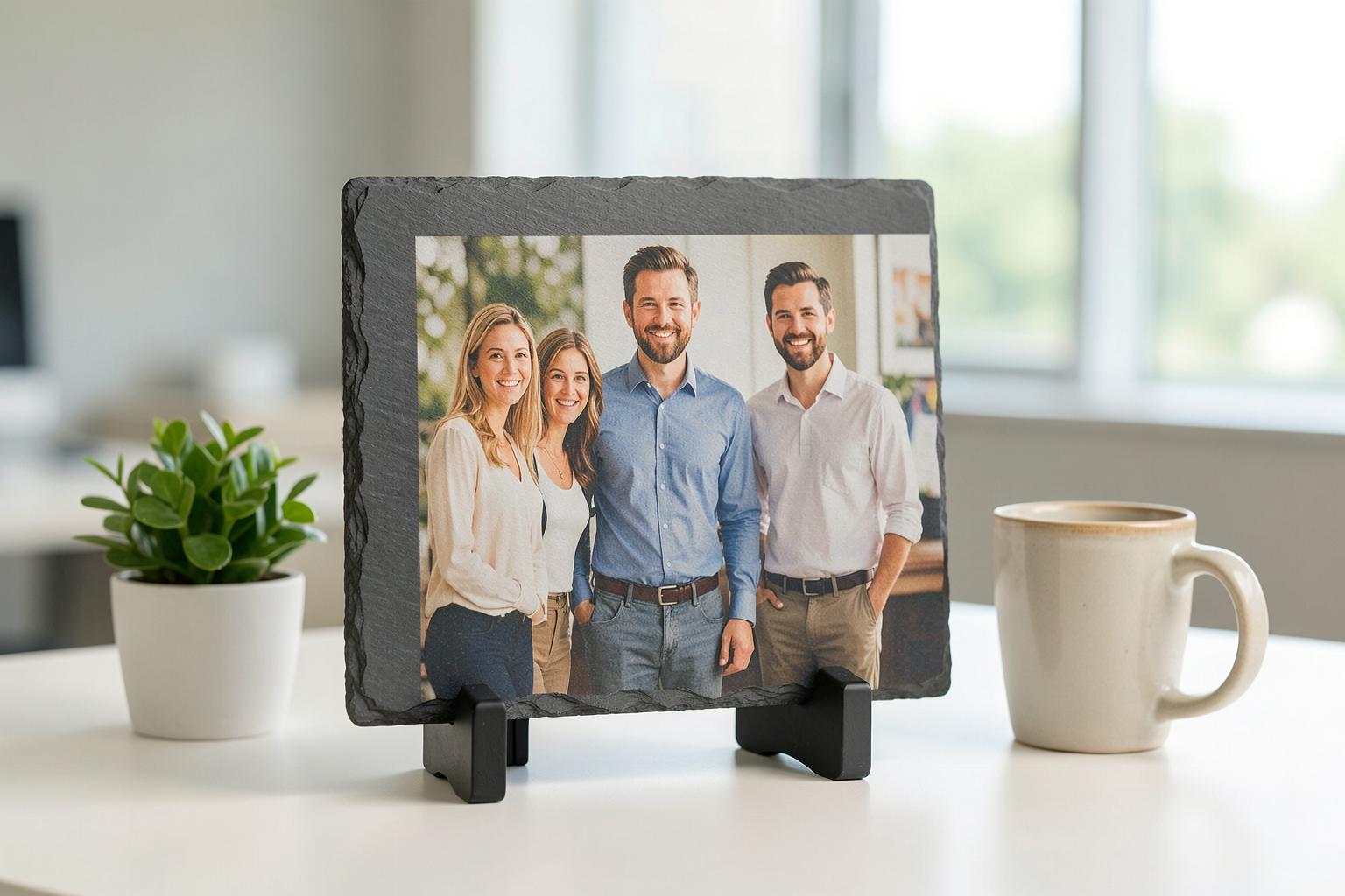 A team of coworkers printed on a natural-edge slate award plaque sitting on a desk — an employee appreciation recognition piece