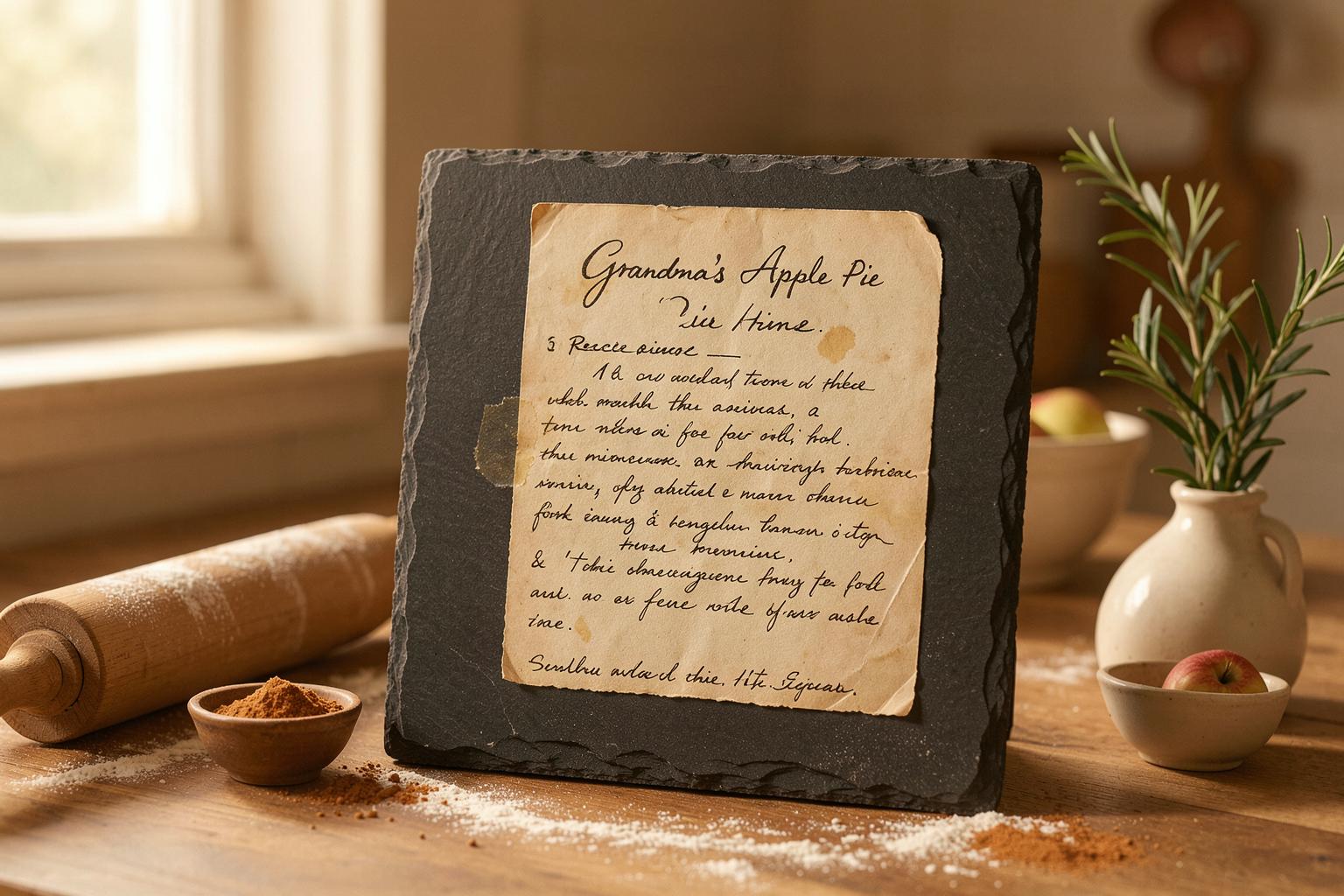 A grandmother's handwritten apple-pie recipe card printed onto a natural-edge slate, set among apples, flour, and a rolling pin in a warm countryside kitchen
