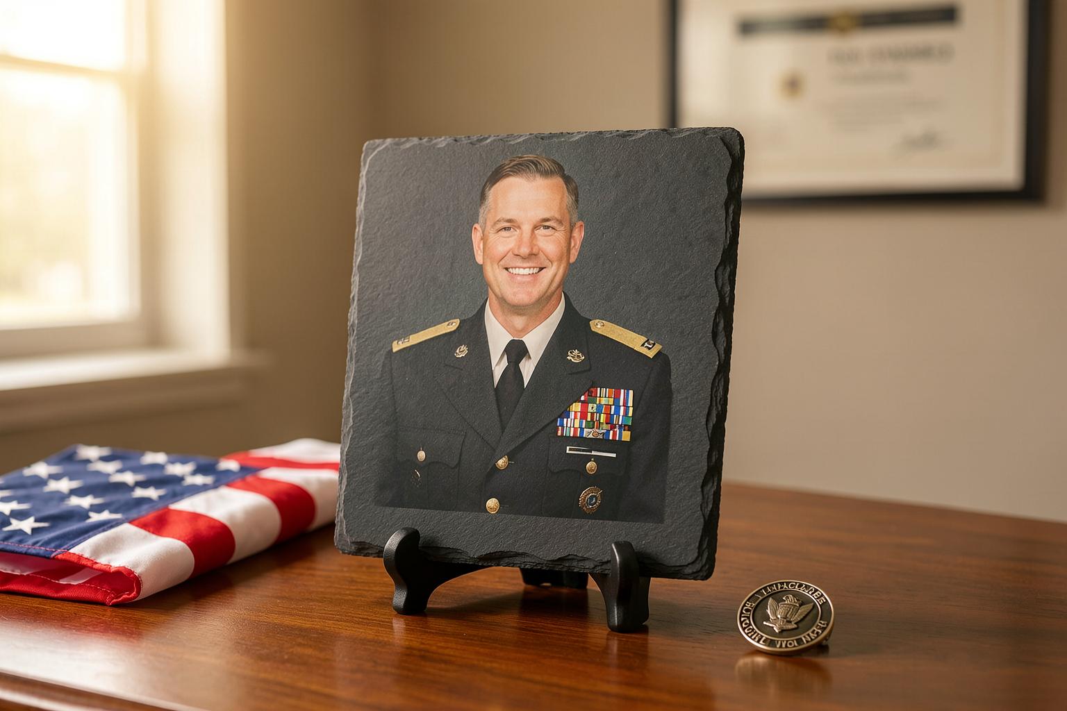 A serviceman in dress uniform decorated with medals, printed on a natural-edge slate beside a folded American flag