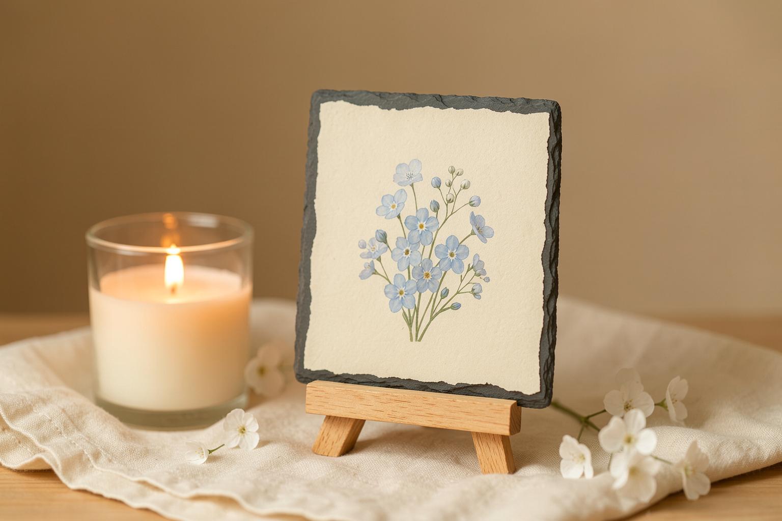 A small natural slate remembrance piece with delicate forget-me-not flowers printed on it, resting beside a candle on folded cream linen