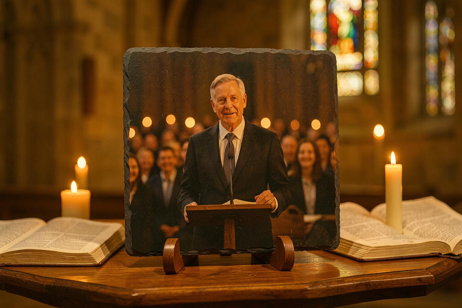A pastor speaking at a church lectern with a congregation softly behind him, printed on a natural-edge slate beside an open Bible and a candle