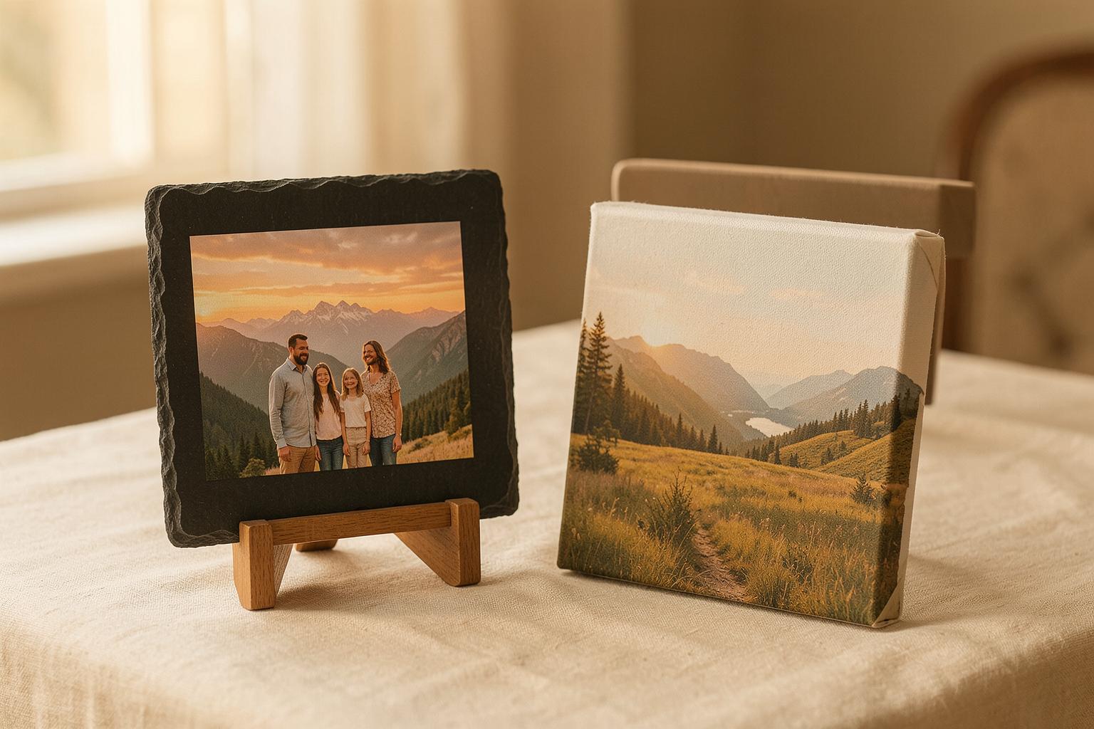 A natural-edge slate keepsake with a printed family photo beside a canvas print on a cream linen table — photo slate vs canvas, compared by Albritton's Art™