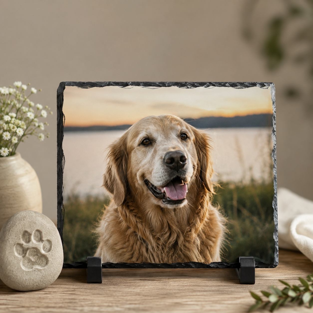 Golden retriever at a sunset lakeside, printed on a natural-edge slate on a wooden easel