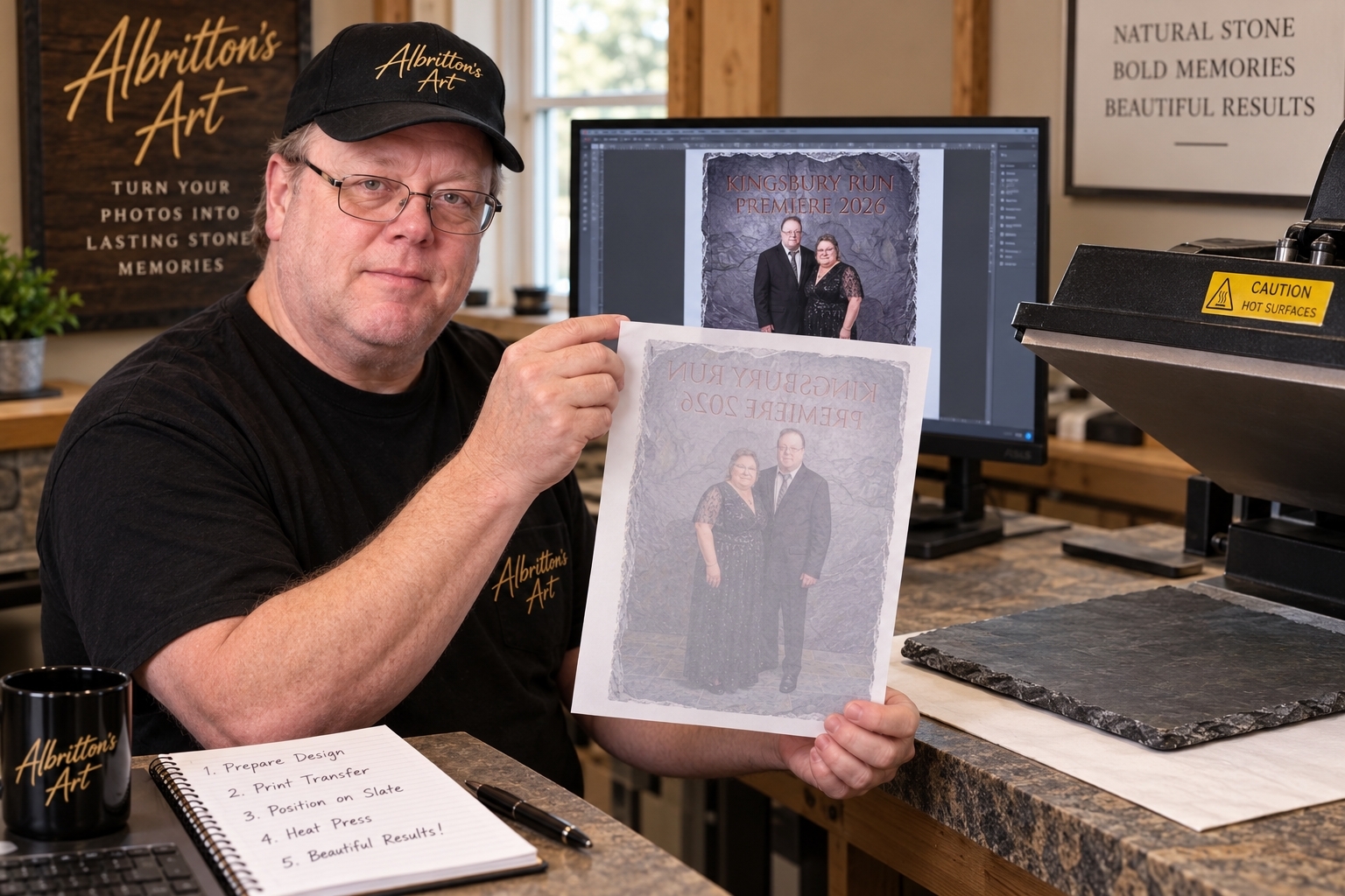 Wiley Albritton at his workbench in Coshocton, Ohio, holding a printed photo transfer beside the design open on his monitor