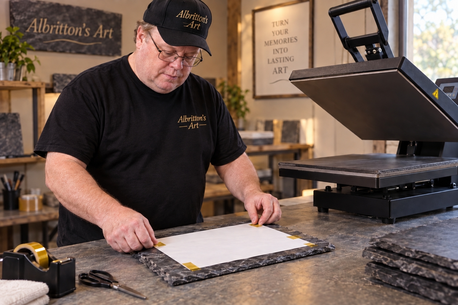 Wiley Albritton applying tape to a printed photo transfer resting on a dark slate slab at the workbench beside the heat press