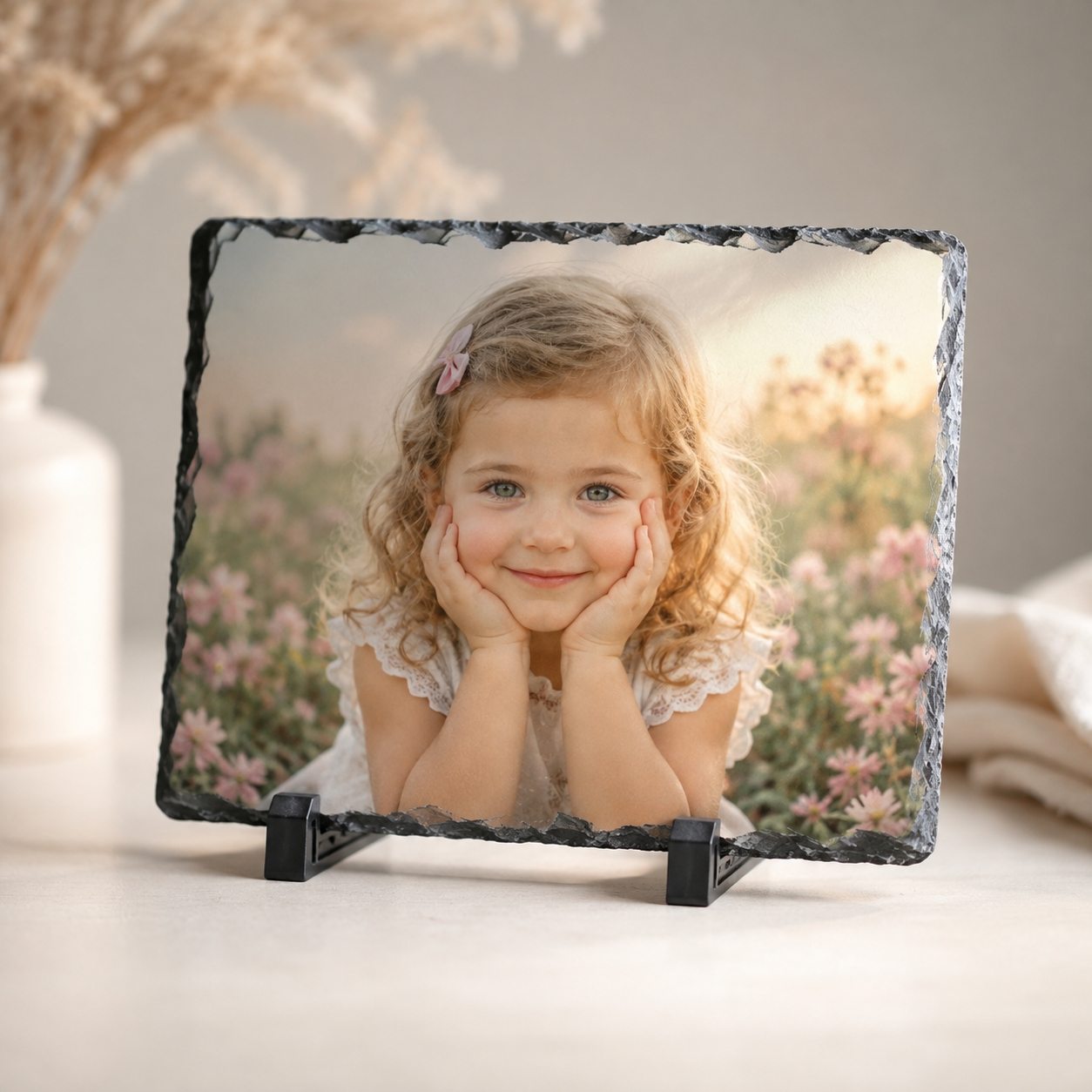 A young curly-haired girl smiling in a field of pink wildflowers, printed on a natural-edge slate on its stand