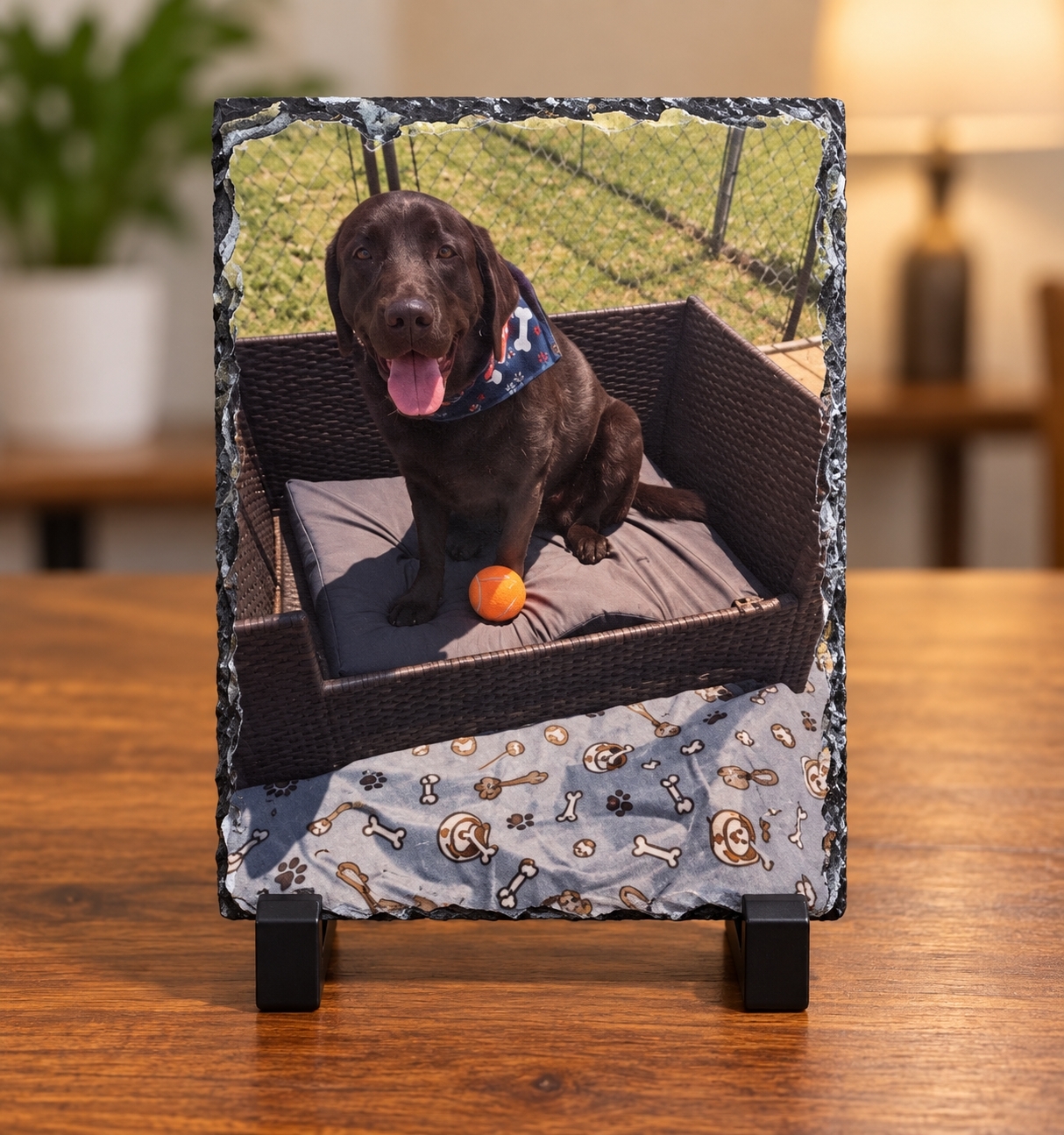 A custom chocolate Lab pet memorial slate on display — the photo of a chocolate Labrador with a blue bandana printed on natural-edge slate, the piece shown at All Paws On Deck Grooming