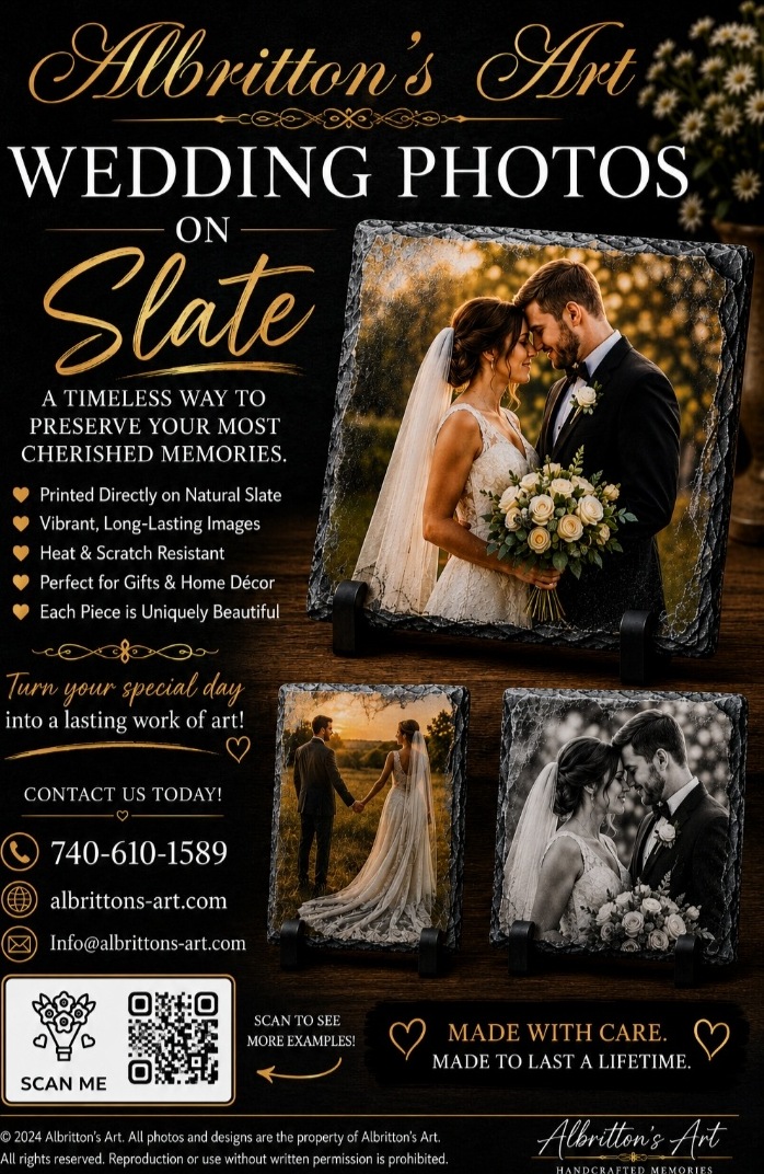 Albritton's Art™ wedding photo slate flyer — bride and groom photos printed on natural slate, a timeless wedding keepsake made with care to be enjoyed for years.
