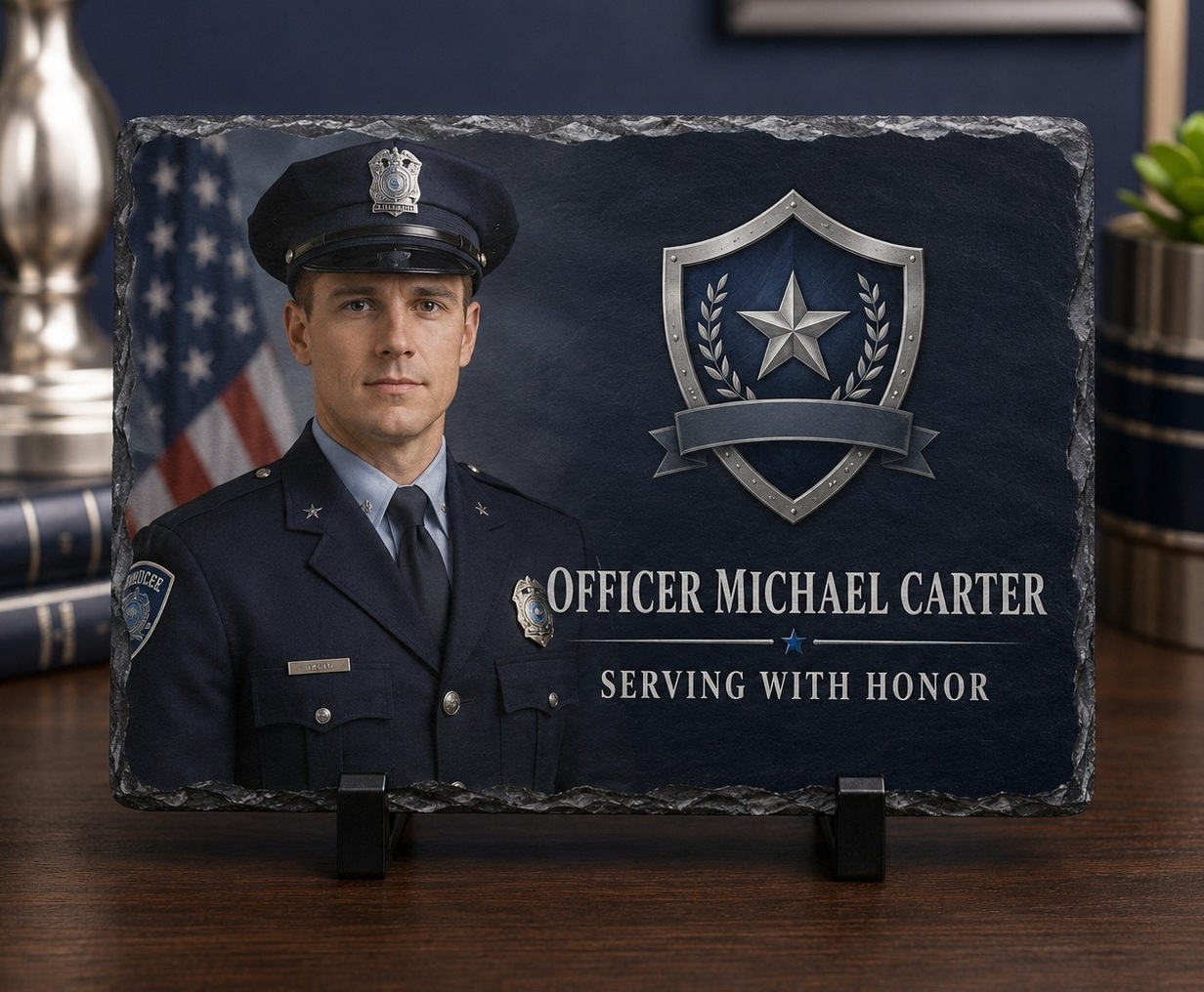 Close-up of the printed surface of a police officer tribute slate, showing the photograph fused into the natural stone