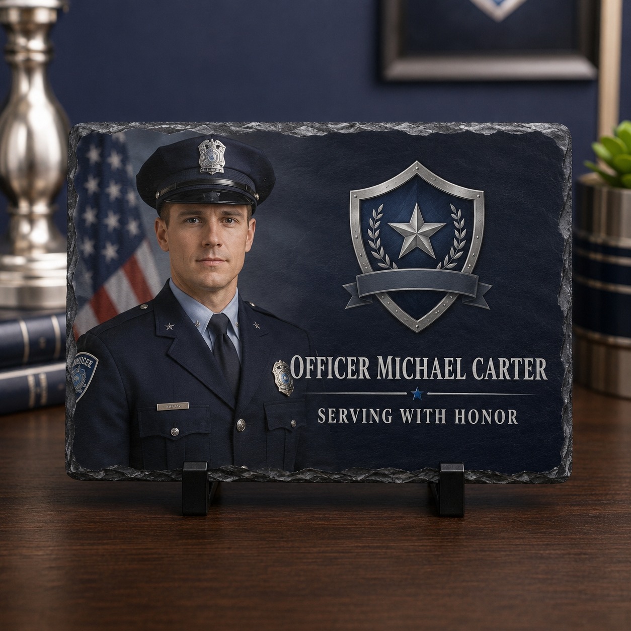 Custom police officer tribute slate reading “Officer Michael Carter — Serving with Honor”, printed on natural stone beside a shield and laurel emblem