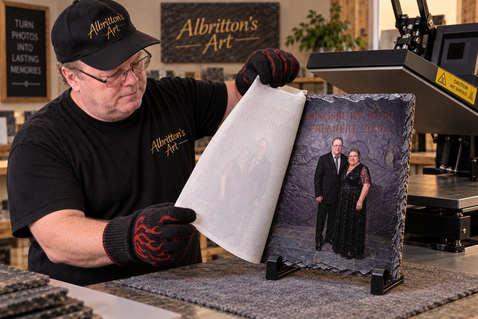 Wiley Albritton pulling a transfer sheet off a finished custom photo slate at his workbench in Coshocton, Ohio.