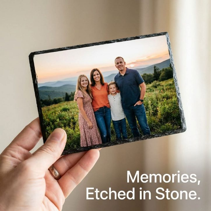 A family photographed at a mountain sunset, printed on natural slate and held in hand