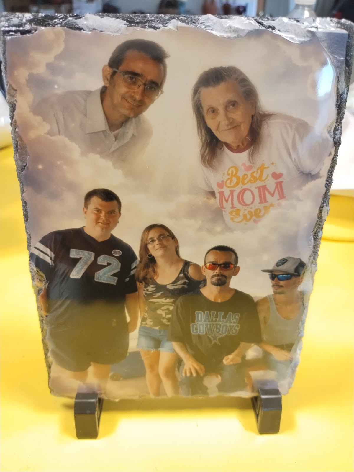 Memorial family collage printed on slate displayed on an easel