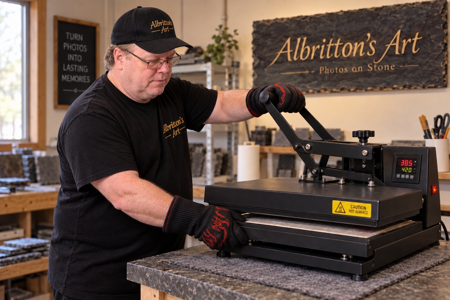 Wiley Albritton, gloved, running the heated press at his workbench in Coshocton, Ohio, to transfer a photograph onto a slate slab