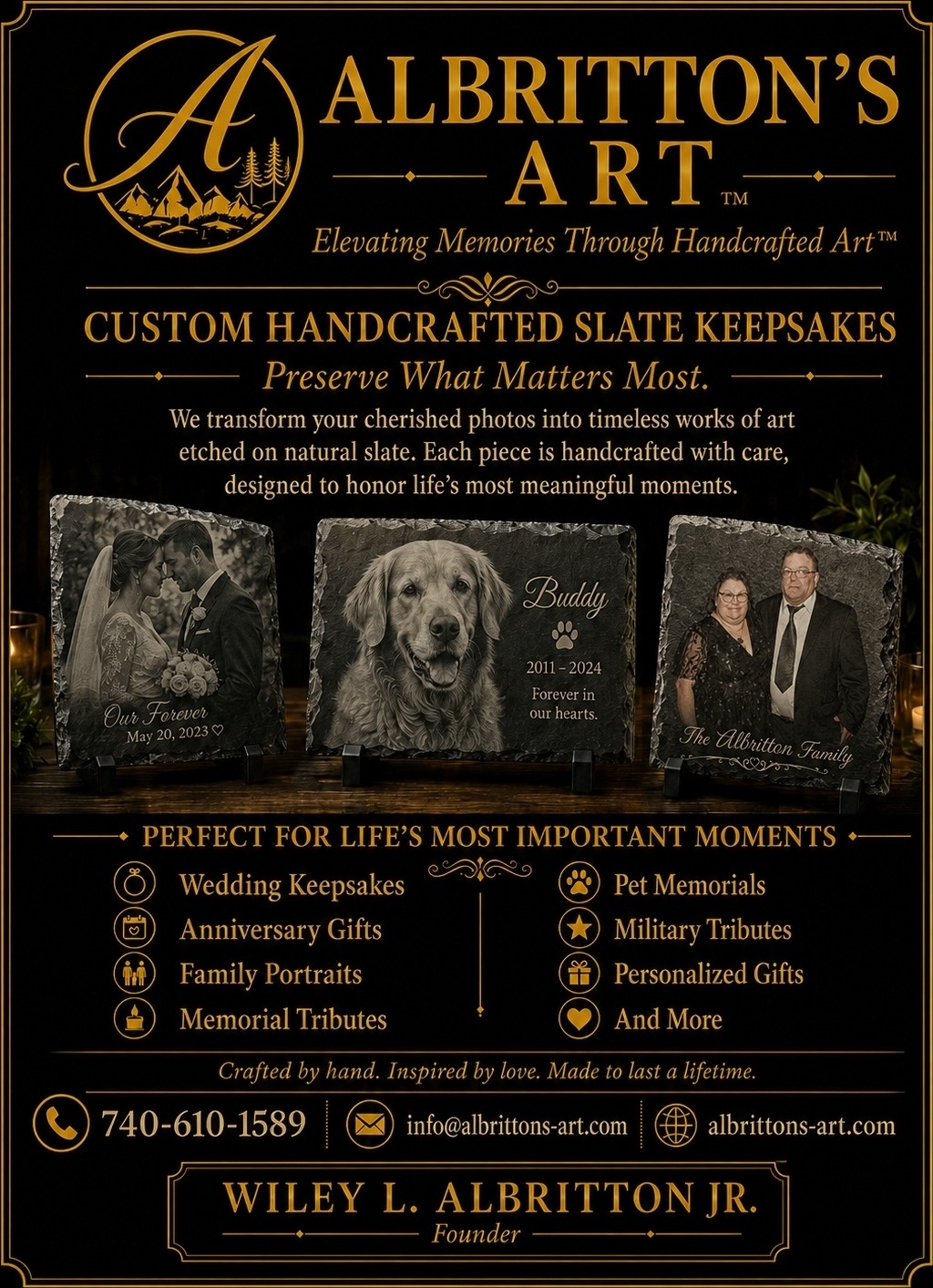 Albritton's Art™ brand flyer — custom handcrafted slate keepsakes for weddings, anniversaries, family portraits, memorials, pets, and military tributes, all printed on natural slate. Contact 740-610-1589 or info@albrittons-art.com.