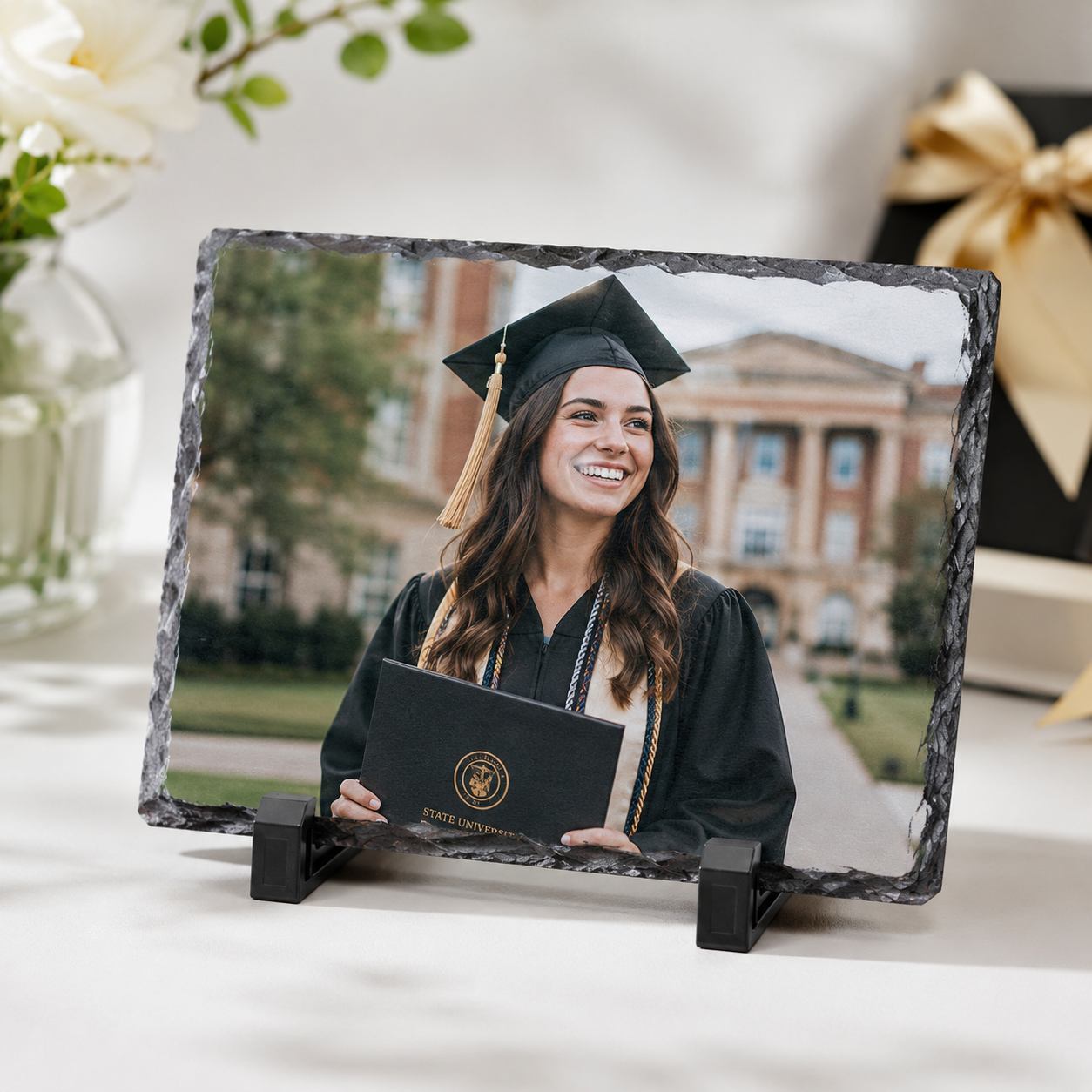 A smiling graduate in a black cap and gown holding a diploma, printed on a natural-edge slate on its stand