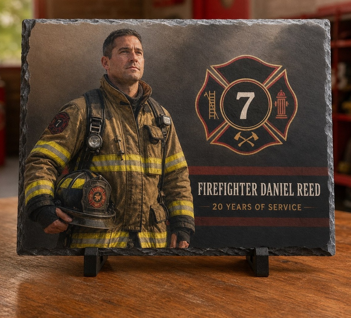 Close-up of the matte printed surface of a natural slate keepsake, showing a firefighter tribute printed into the stone