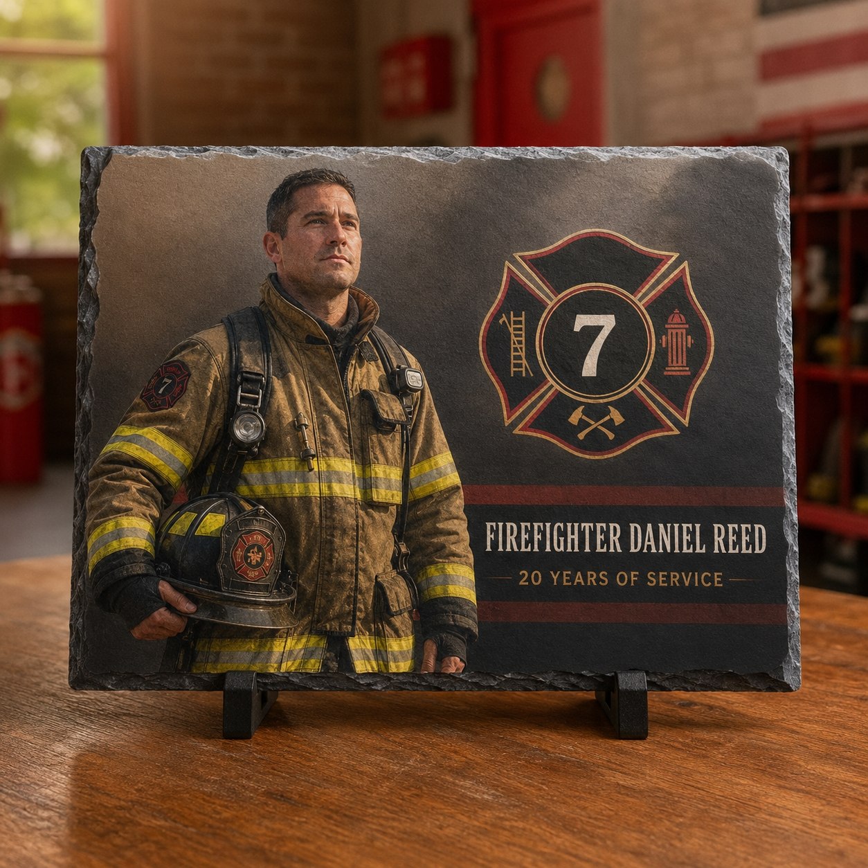 Custom firefighter tribute slate honoring Firefighter Daniel Reed with “20 Years of Service”, printed beside the Maltese cross