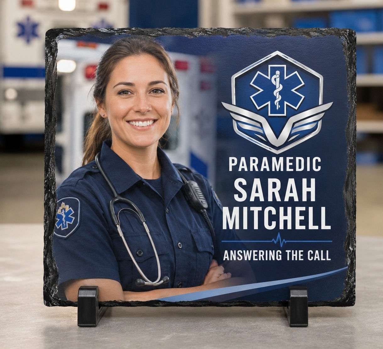 Close-up of the chiseled natural stone edge of a paramedic tribute slate beside the printed Star of Life emblem