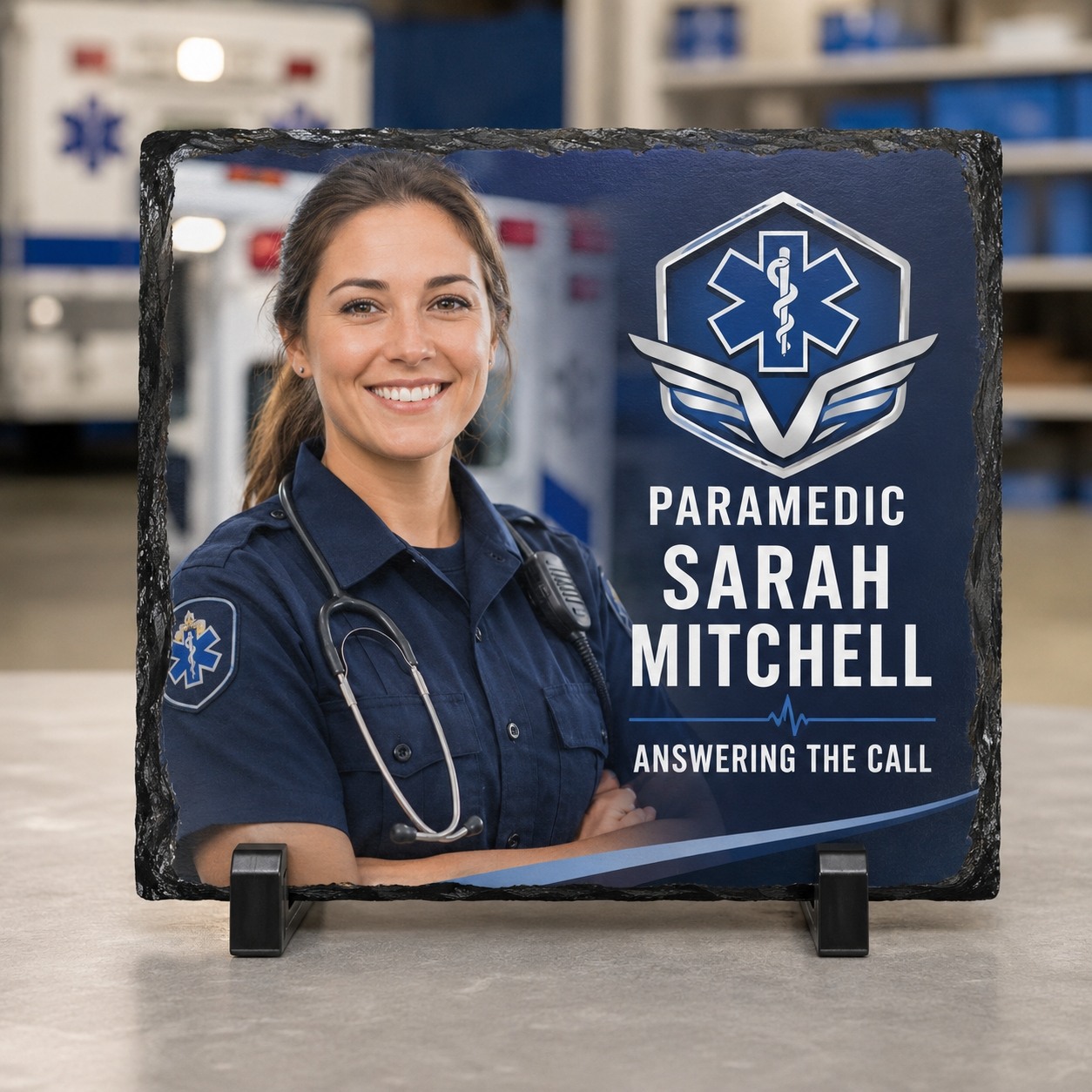 Custom paramedic tribute slate honoring Paramedic Sarah Mitchell, reading “Answering the Call”, printed on natural slate with the Star of Life emblem