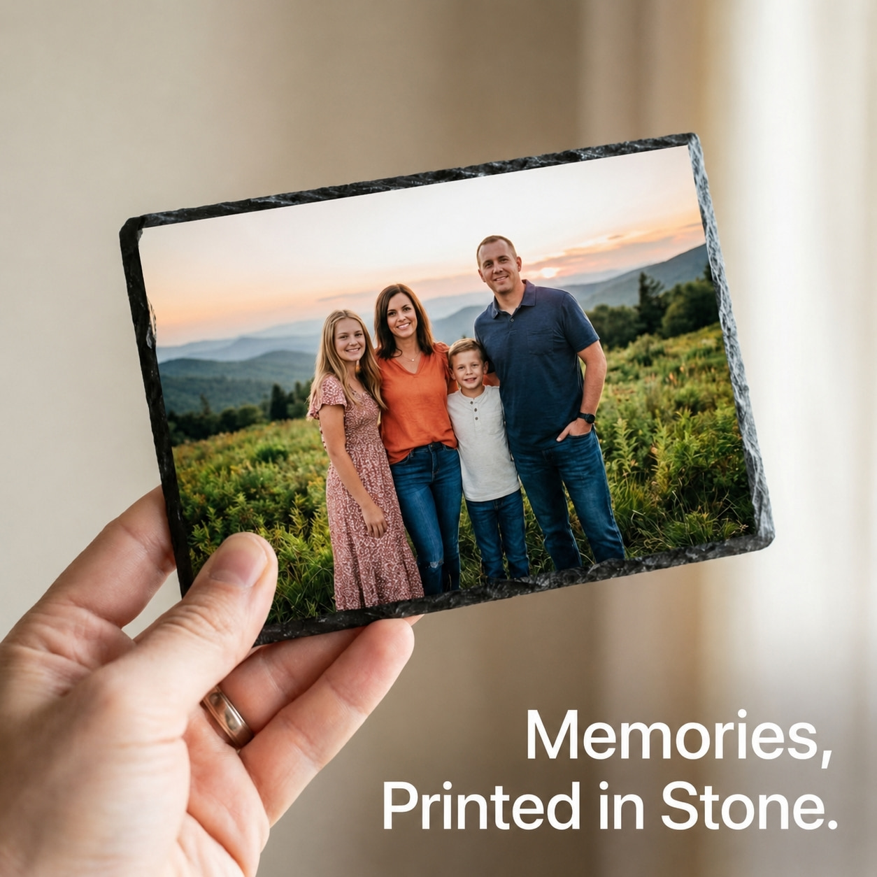 A family photographed at a mountain sunset, printed onto a natural-edge slate keepsake and held in one hand — a real finished piece by Albritton's Art™