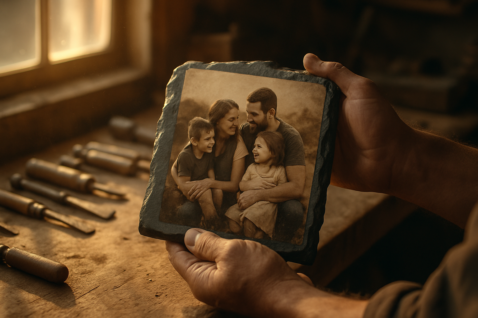 A craftsman holding a finished photo slate in a warm workshop